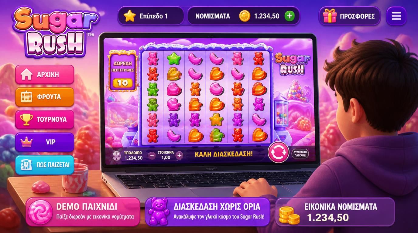 Διεπαφή demo Sugar Rush για παίκτες από Κύπρο, με εικονικές μονάδες και ζαχαρένια στοιχεία